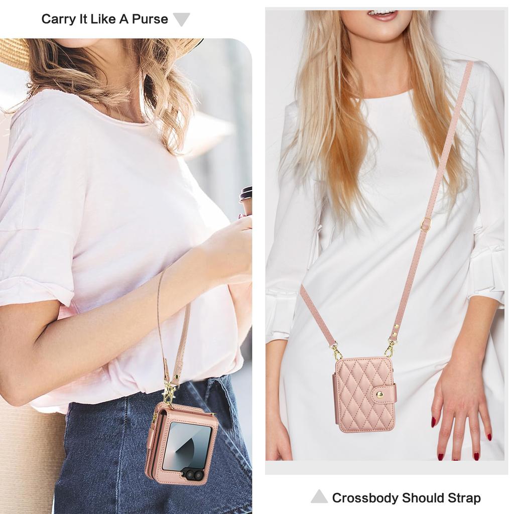 Crossbody Zipper Cards Solt Wallet Leather Case for Samsung Galaxy Z Flip 7 FE 6 5 4 Grid Pattern Flip6 Flip5 Long Lanyard Cover