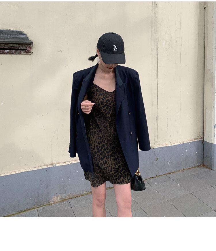 2026 Spring/Summer V-Neck Leopard Print Off-Shoulder Spaghetti Strap Mid-Length Slimming Dress