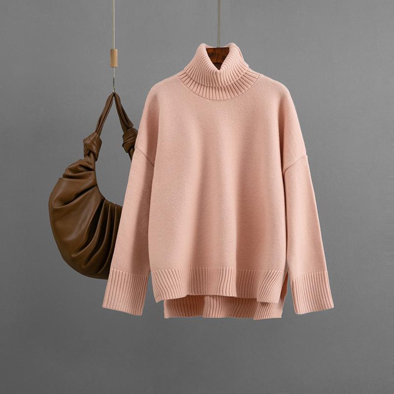 Dame Casual Løs Og Allsidig Høst Og Vinter Pullover Høy hals Ensfarget Genser Topp For Damer