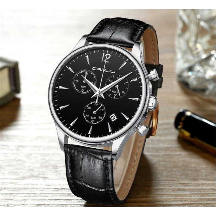 CRRJU New Leather Strap Men's Watch 2313 Steel Strap Watch Simple Business Personality Men Fashion Waterproof