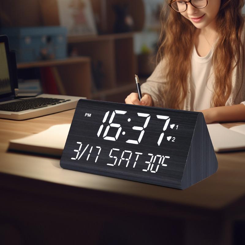 Multifunctional LED Wooden Silent Alarm Clock with Perpetual Calendar and Temperature Display