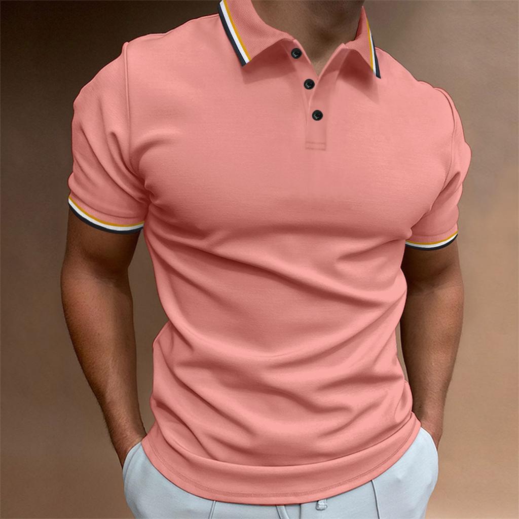 New Men's Slim POLO Shirt Ribbed Striped Lapel Buttons Solid Colour Splicing T-shirt Tops