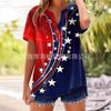 Women's V Neck Short Sleeve Button Shirt Regular Fit Commuter Top 3D American Flag Star Striped Print Polyester Casual Blouse