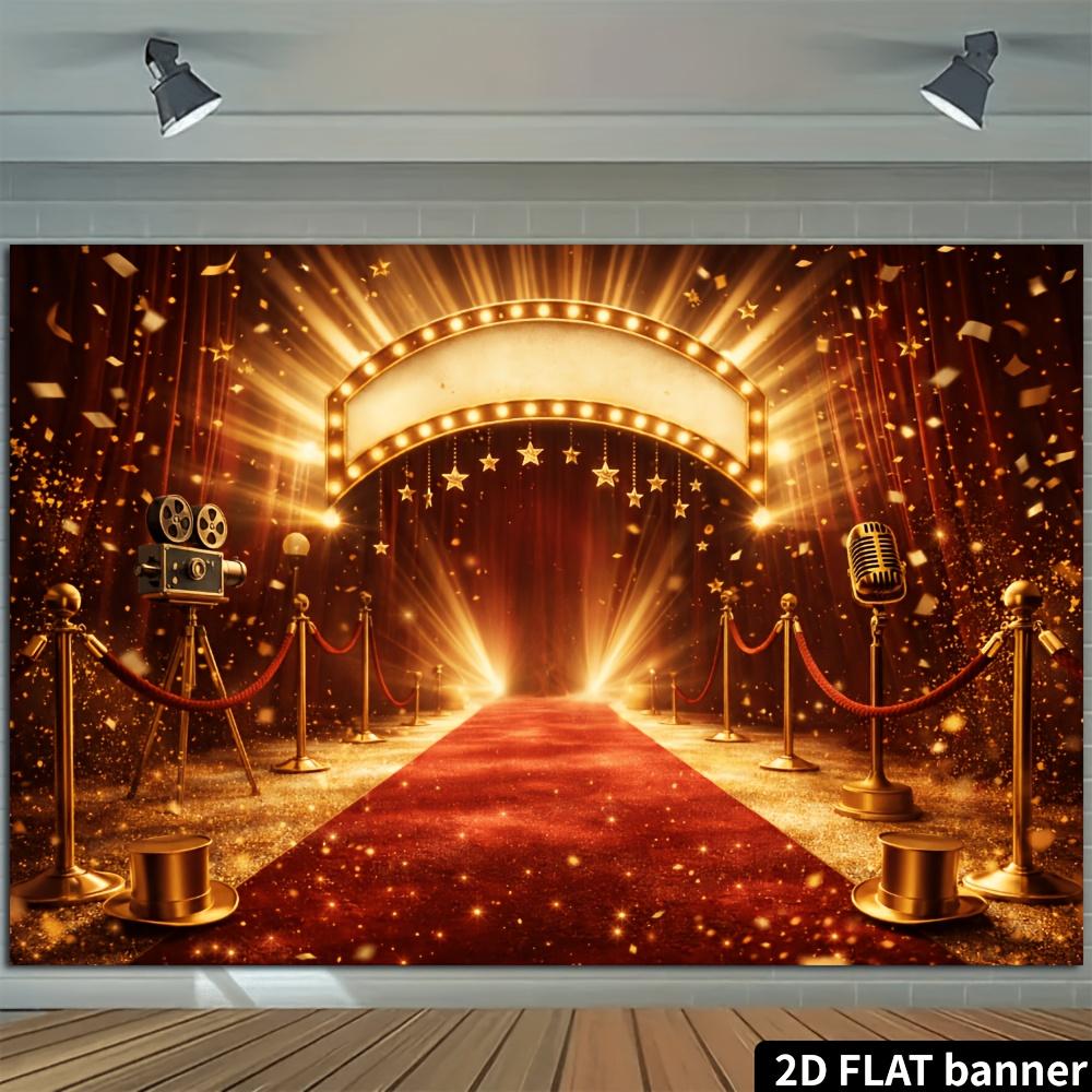 2D Flat Banner - Hollywood Red Carpet Party Background Fabric, featuring golden film cameras and microphones elements.zyc