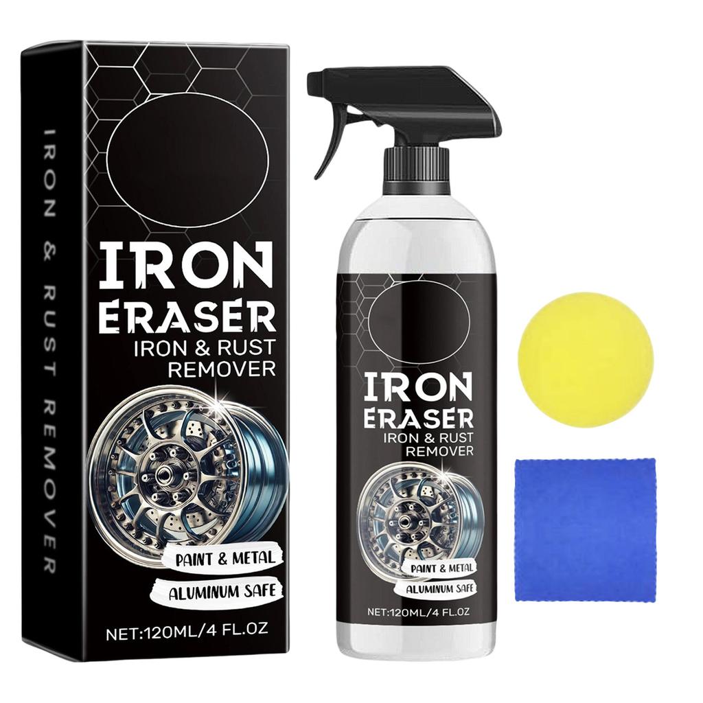 Gomme Fer Spray Nettoyant Fer et Rouille 120ml avec Éponge et Chiffon de Nettoyage Sûr pour Surfaces en Aluminium et Métal Solution Efficace pour Nettoyer la Rouille