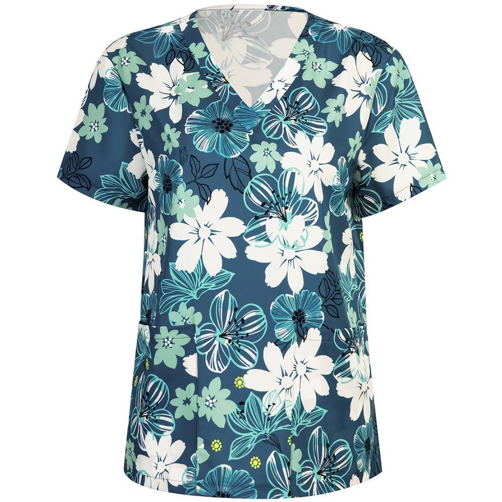 Blouses médicales pour femmes Mode Imprimé floral Tops d'infirmière saine Col en V Manches courtes Poches plaquées T-shirts Uniformes cliniques Femme