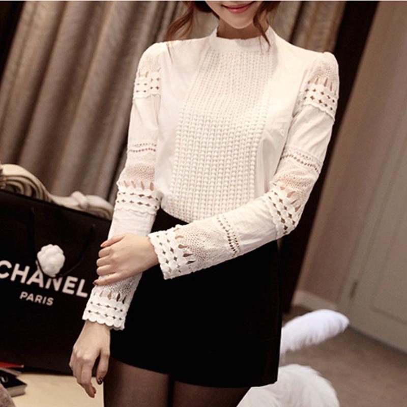 Sweet Women Hollow Out Lace Tops With Casual Long Sleeve Design And Elegant Collar Standing