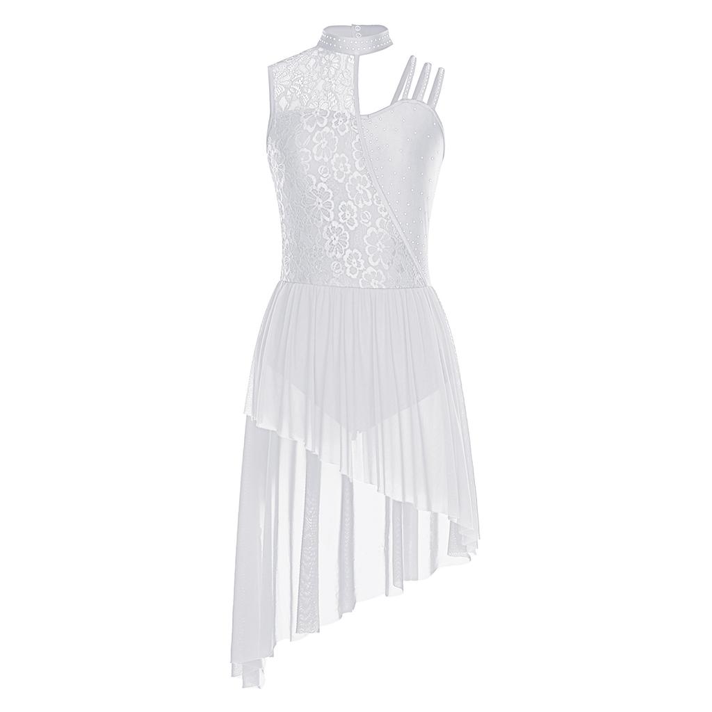 Womens Lyrical Dance Leotard Dress Floral Lace Rhinestones Irregular Hem Openable Crotch One Piece Asymmetrical Dress