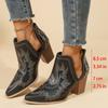 Verfügbare Größen Schwarz Retro Bestickte High Heel Spitzschuh Damen Kurze Stiefel, Lässig Vielseitig Britischer Stil Klobiger Absatz Western Cowboy Stiefel