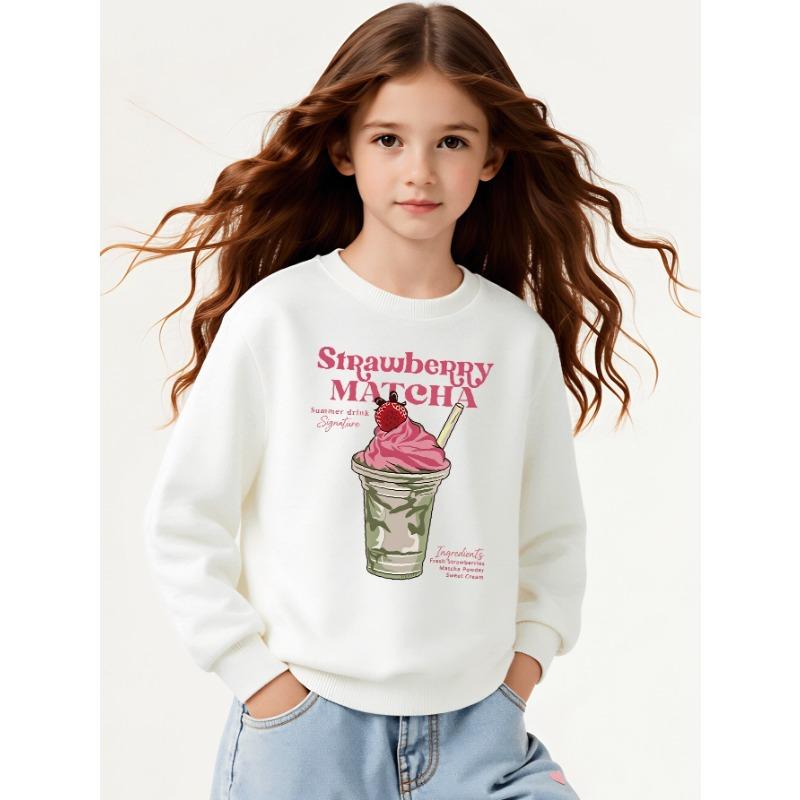 European Sizes Girls' Long-Sleeve Round Neck Sweatshirt "Strawberry Matcha" Print, Spring/Autumn, Casual, Daily & Sports.