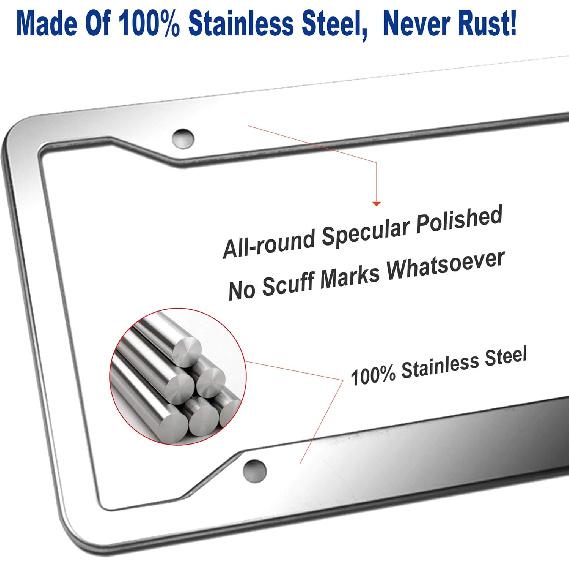 BGGTMO Stainless Steel License Plate Frames- 2 Pack Heavy Duty Polished Mirror Car Tag Cover With Chrome Screws Caps, 4 Holes Front & Rear Holders
