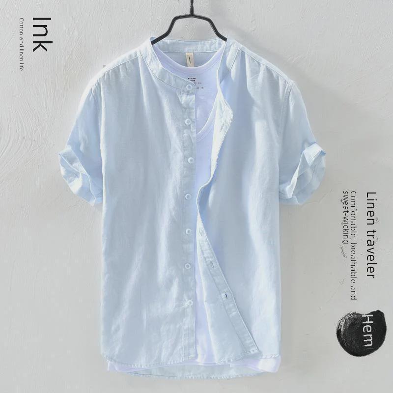 Men's Short-Sleeve Linen Shirt, Chinese Stand Collar, Casual Loose-Fit, Summer Trend