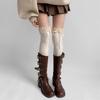 Women Japanese Student Winter Warm Cotton Over Knee Long Socks Elegant Ruffled Lace Top Bowknot Thigh High Stockings