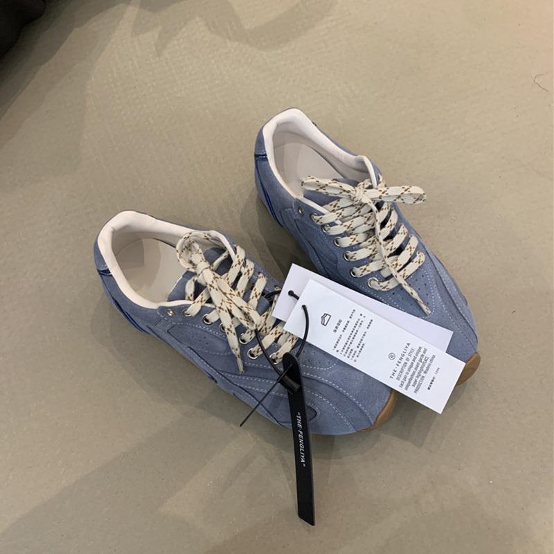 Cowhide version~ retro casual shoes color matching lace-up flat-bottom sports shoes women's versatile running tide