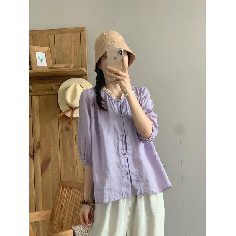 1116 Literary and Retro Summer Temperament Beautiful Short-sleeved Loose Cotton and Linen Women's Shirt