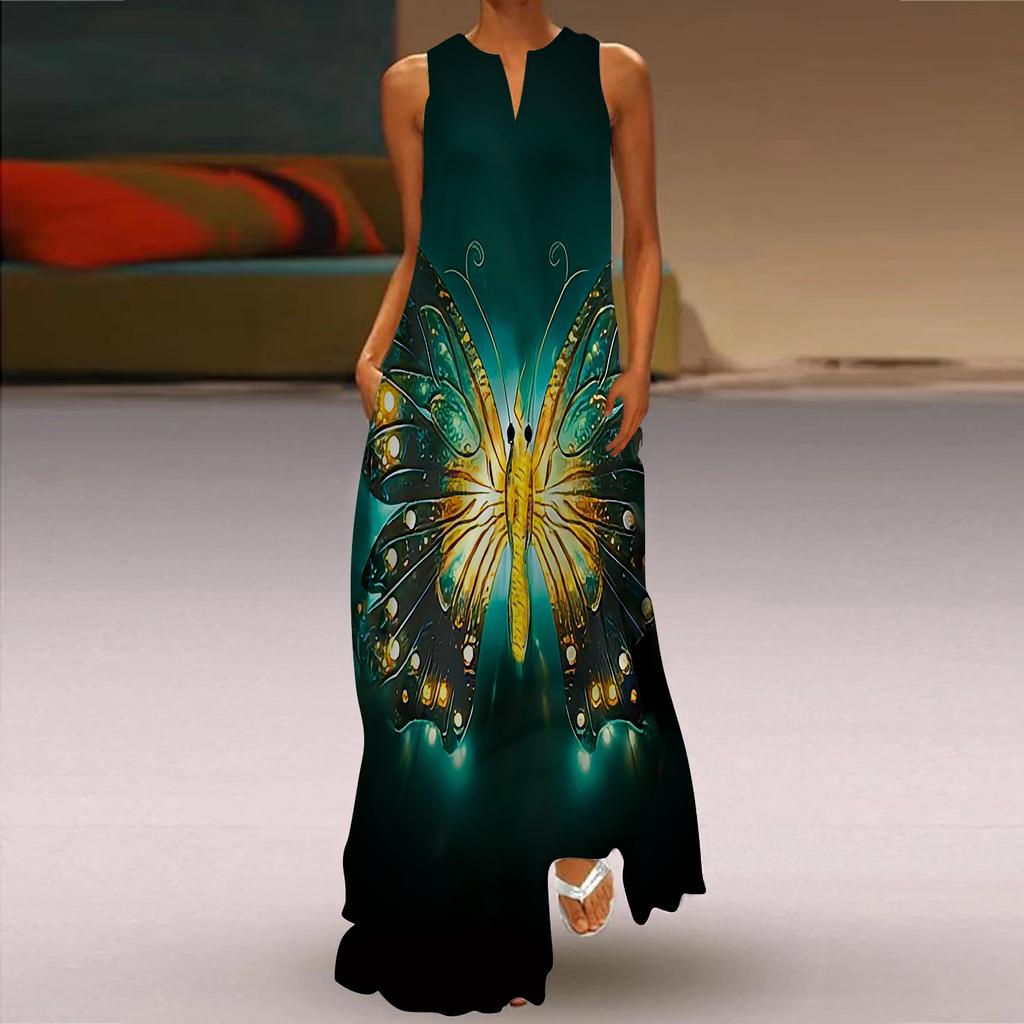 Women's A-line Dress Maxi Long Sleeveless Colorful Graffiti Print Autumn and Winter V-neck Retro Style Elegant