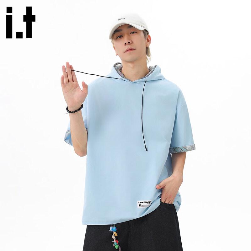 :CHOCOOLATE Men's Hooded Plaid Color-Block Short-Sleeve T-Shirt