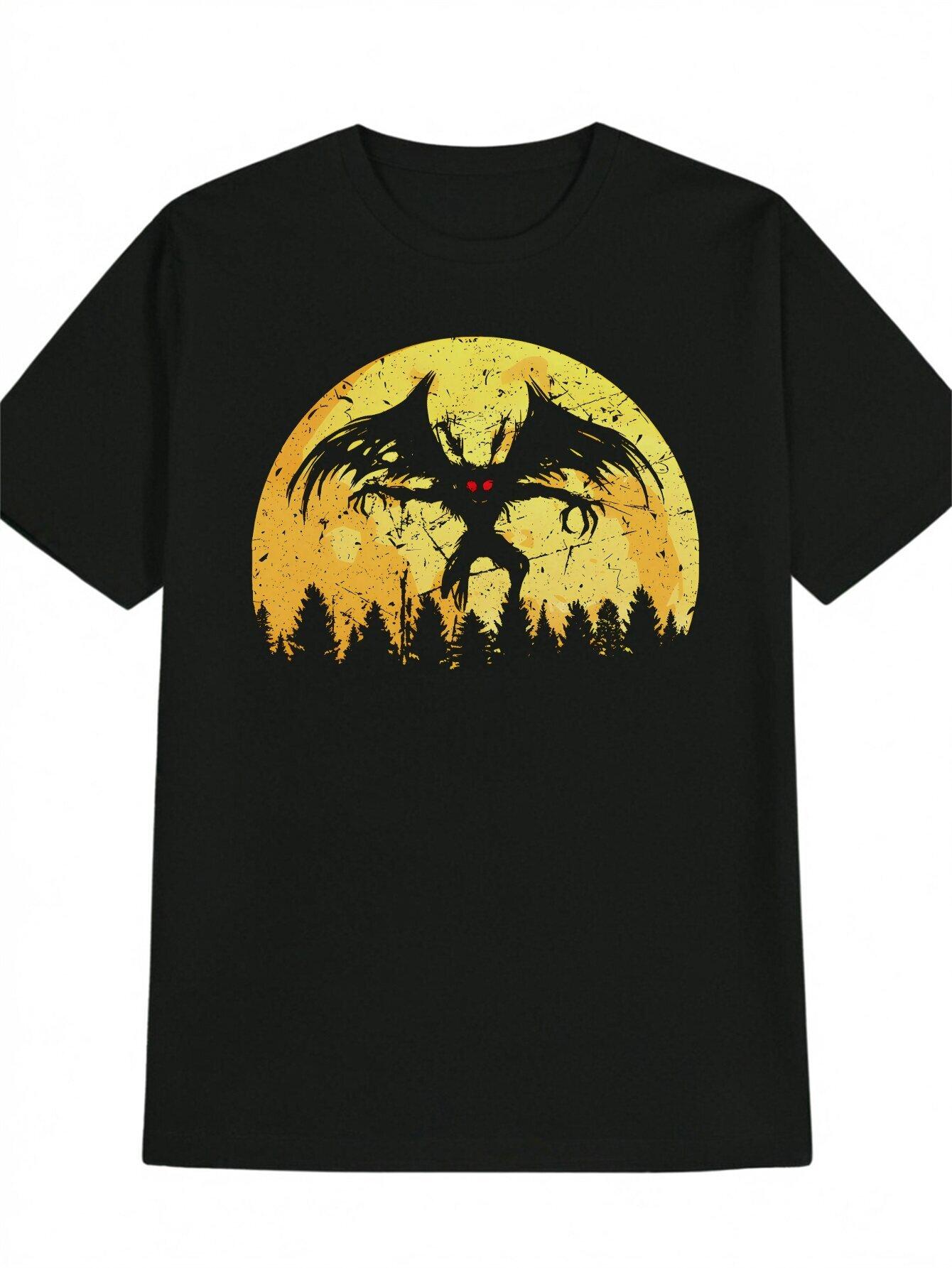 Casual Graphic T-shirt - Black Horror-Inspired Bat & Full Moon Print XXXL