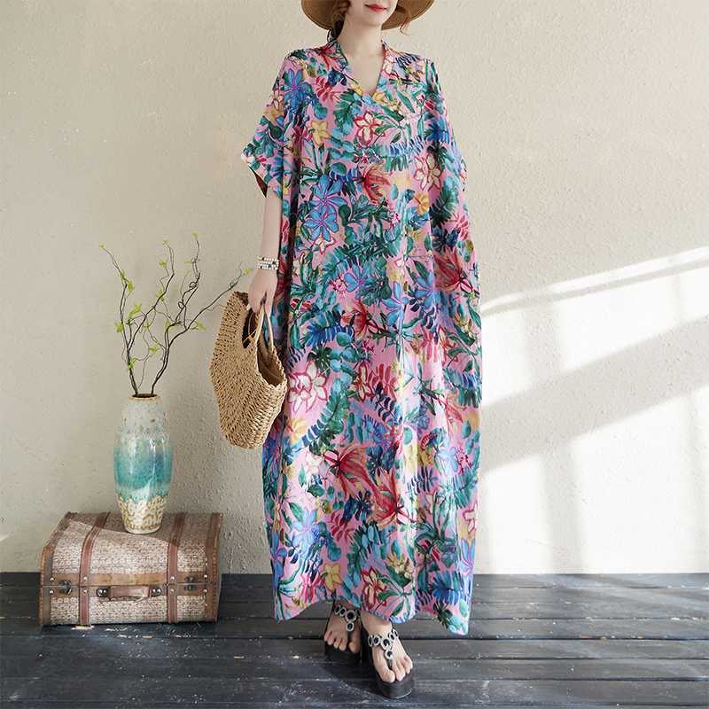 

Summer Color Travel Retro Long Skirt Cotton Linen Dress One size