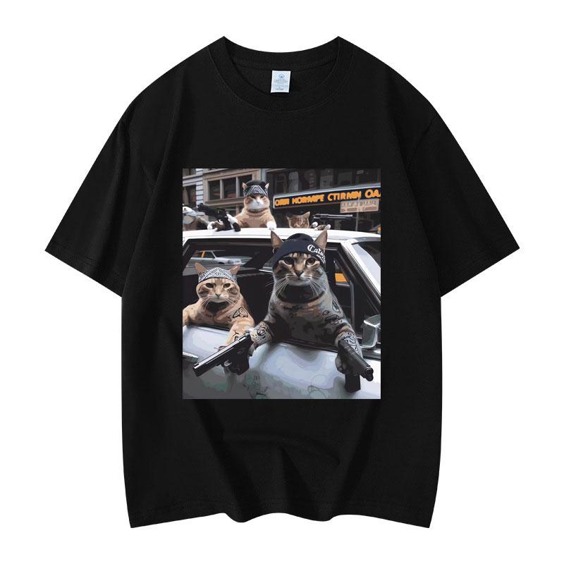 Funny Cat Gang Meme Graphic T Shirts Men's Women's Fashion Vintage Short Sleeve T-shirt High Quality Cotton Oversized T-shirts