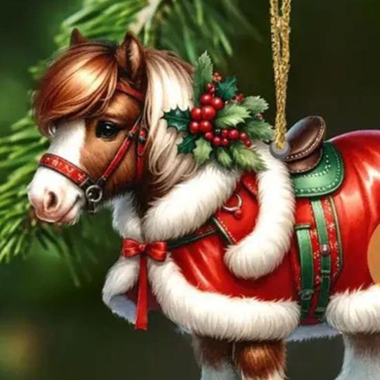 Vánoční 2D ozdoba kůň akrylová plochá koňská závěsná dekorace koňská památka ozdoba na vánoční stromeček pro milovníky koní dárky slavnostní dekorace
