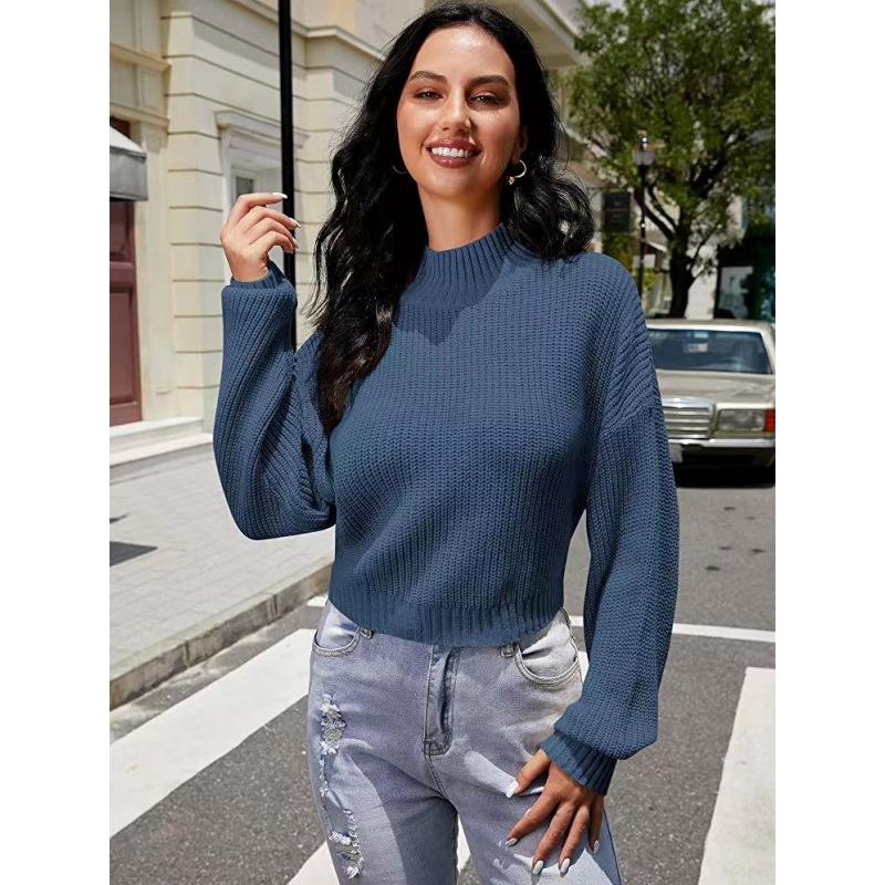 

Осенне-зимний женский свитер с рукавами-фонариками, однотонный универсальный модный короткий свитер с высоким воротом и половиной воротника XL темно-синий