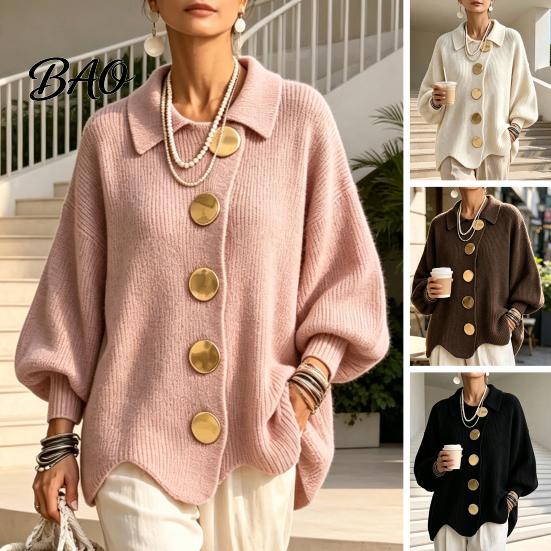 Frühling Herbst Pullover Damen Oversized Strick Cardigan Pullover, Hemdkragen Oberteil mit Großen Metall Freizeitknöpfen, Lockere Fledermausärmel für Weiche Hautfreundlichkeit