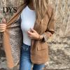 Leopard Print Office Coat Women Suit Lapel Long Sleeve Cuffs Workwear Jacket Solid Color Loose Fit Open Front Casual Business Outwear