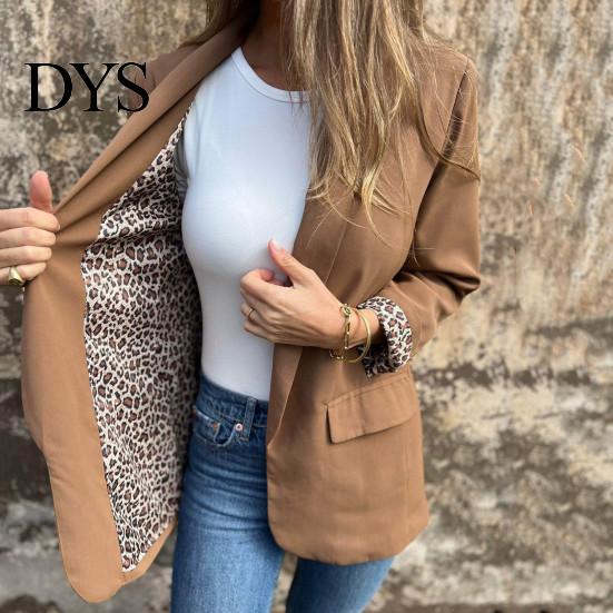 Leopard Print Office Coat Women Suit Lapel Long Sleeve Cuffs Workwear Jacket Solid Color Loose Fit Open Front Casual Business Outwear