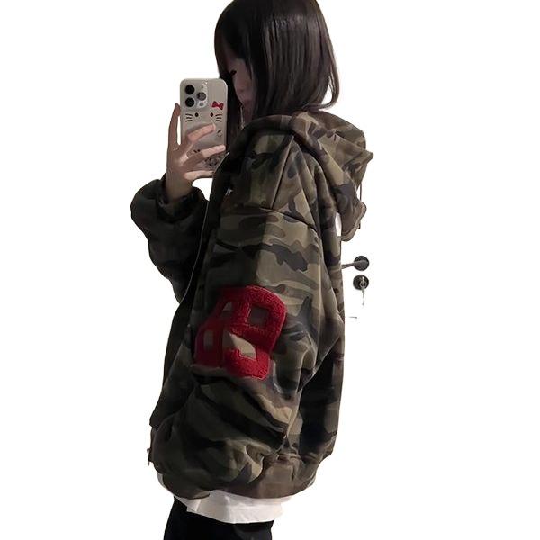 Women's Oversized Retro Camo Zipper Hoodie - Autumn Casual Style