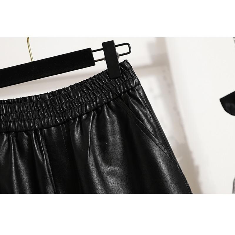 DIMANAF 2024 Plus Size PU Leather Autumn Winter Shorts Women New Black Casual Loose Wide Leg  Women Capris Pants Short Pants