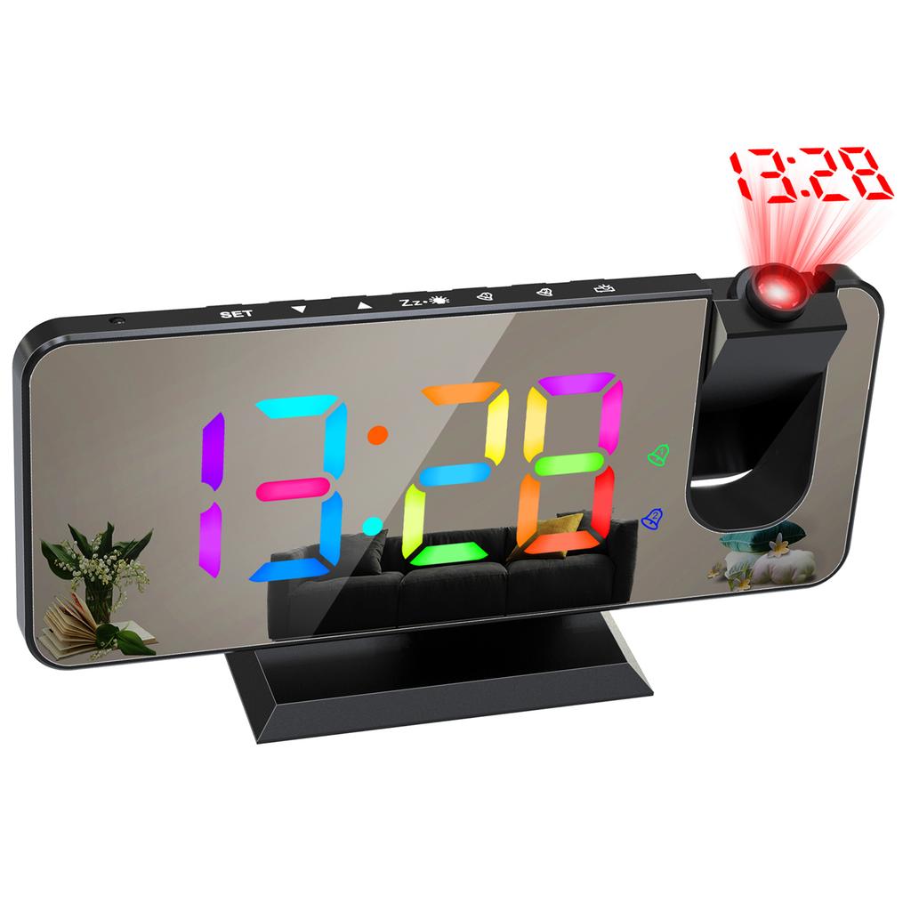 Digital 180 degrees Projection Alarm Clock with Dynamic RGB Light Brightness Snooze Dual Alarm Setting USB Port Mirror Clock for Be