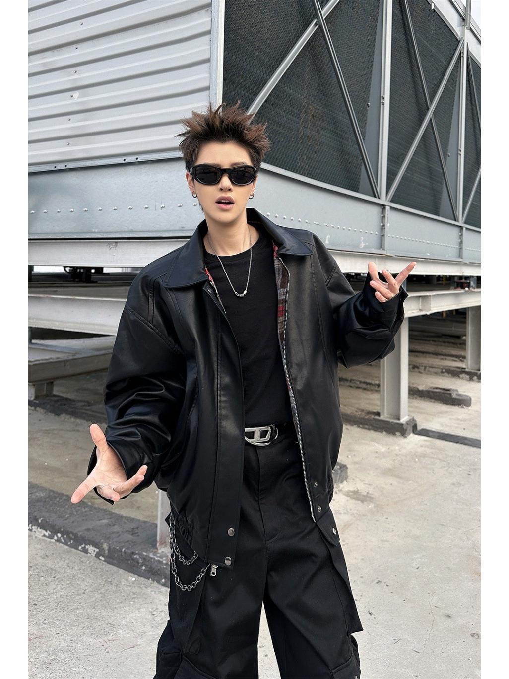 

Unisex Two-Sided Plaid PU Leather Jacket - Retro Color-Block Lapel Coat, Autumn/Winter Style XL