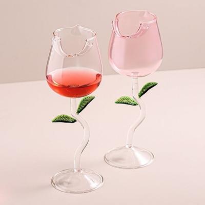 Creative Rose Shaped Wine Glass with Curved Stem and Leaf Decor for Romantic Table Setting Heat-resistant Glass