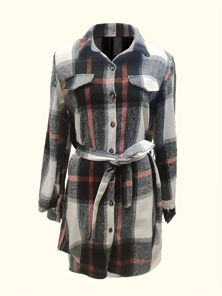 In Stock: New Large Plaid Belted Shirt Dress - Fashionable European & American Style