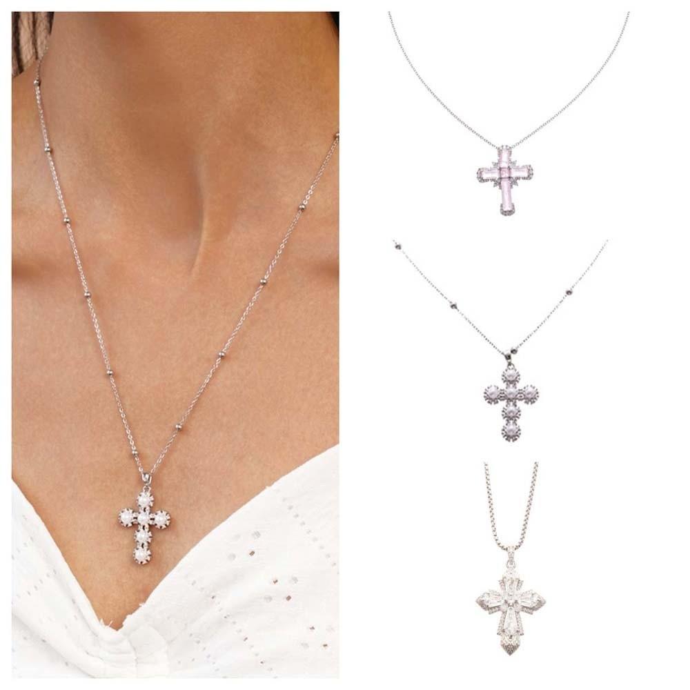 Jewelry Cross Necklace Rhinestone Cross Pendant European American Cross Choker Chain  Girls