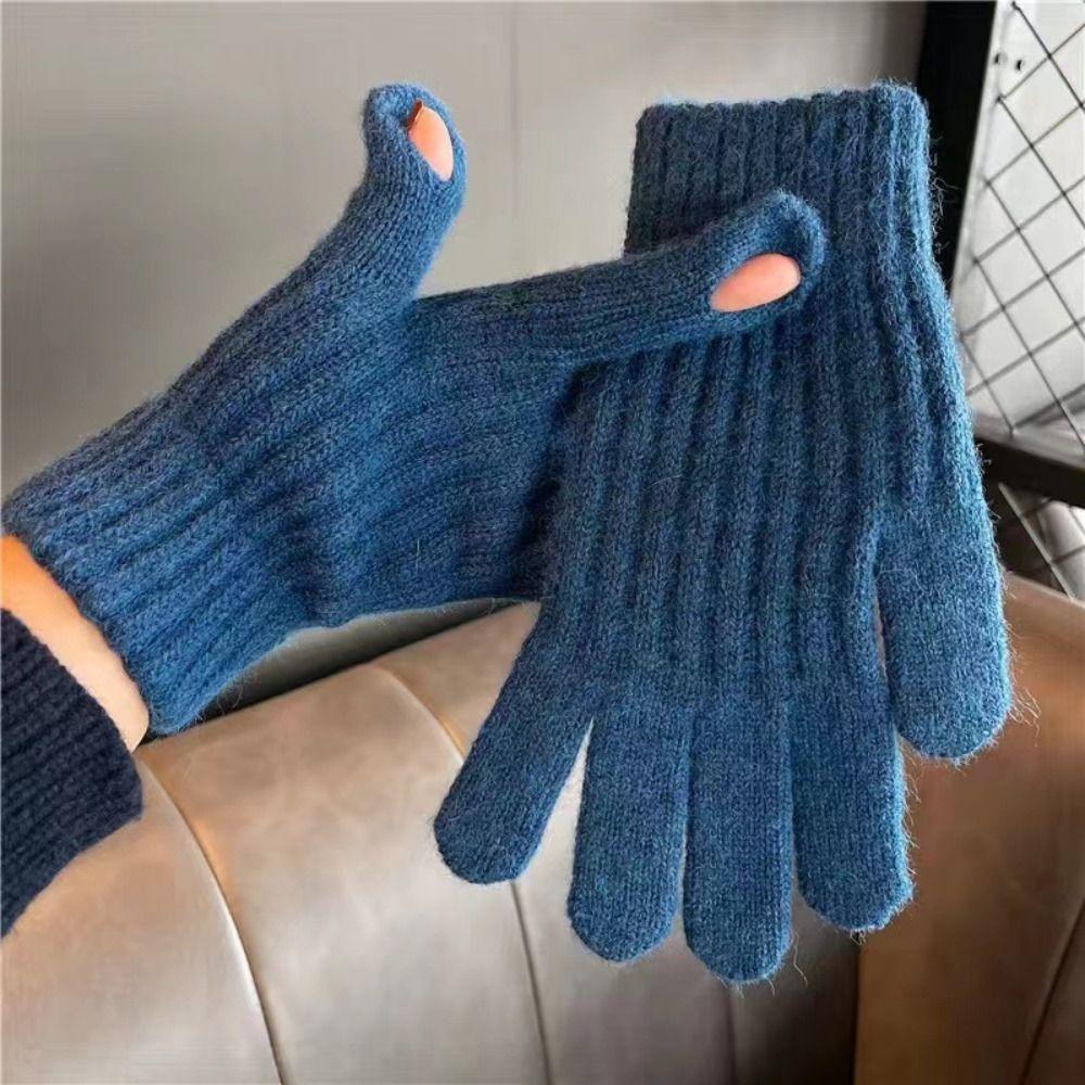 Windproof Full Finger Gloves Solid Color Cycling Mittens Winter Women's Knitted Gloves