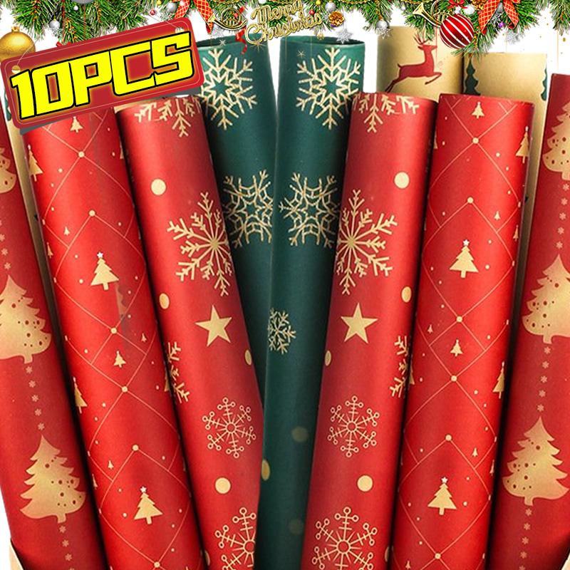 10/1PCS Christmas Wrapping Paper Vintage Kraft Festival Gift Wrap with Xmas Tree Snowflake Patterns for Present Packing Decor