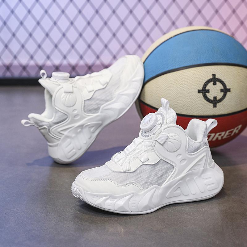 Children's Basketball Shoes Mesh Breathable Men's and Women's Sports Shoes Leather Waterproof Rotating Buckle Free Lace-up Girls Running Shoes