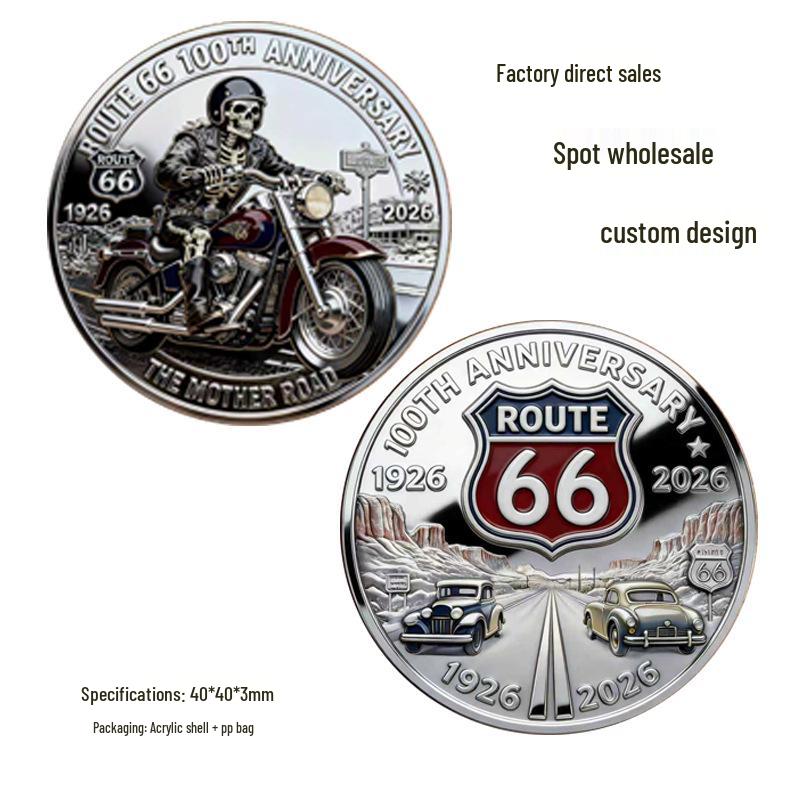 2026 Route 66 100th Anniversary Commemorative Coin - USA Highway Relief 40x40x3 mm серебряный