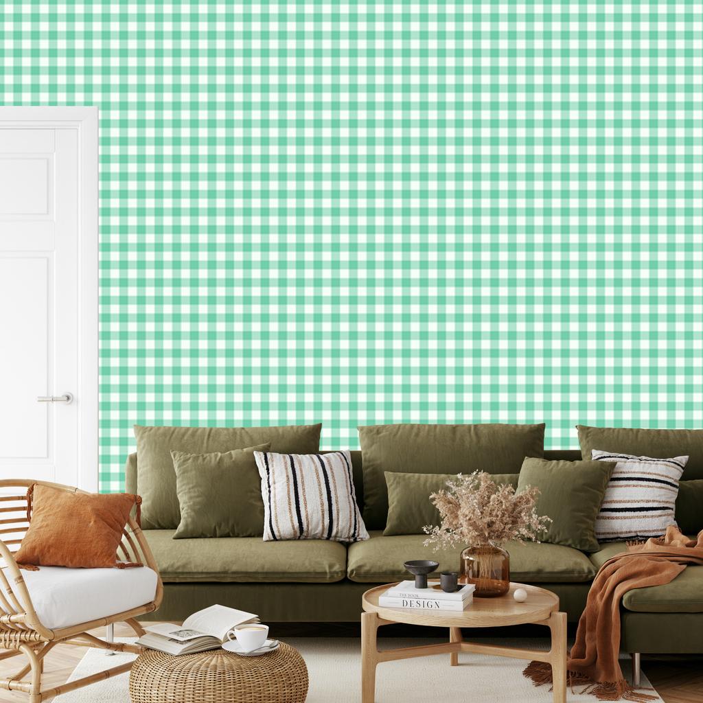 Wallpaper Fabric Pattern Mint, White and Sea for Living Room and Bedroom 50x1000