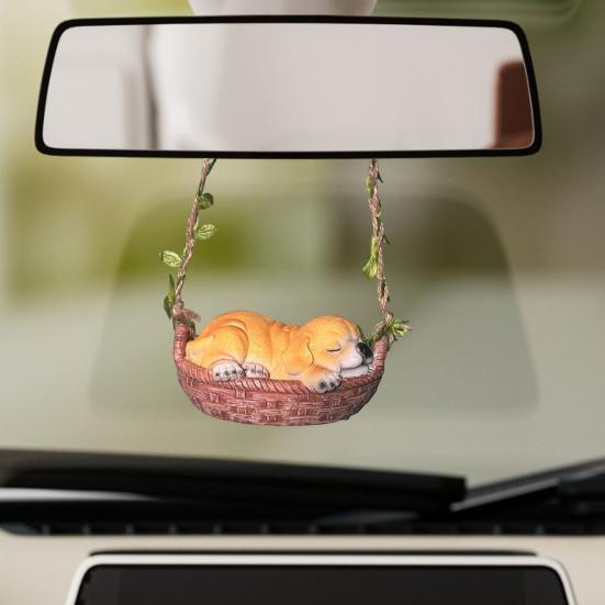 Dog Swing Ornament Cute Resin Puppy Sleeping in Woven Basket Statue Outdoor Hanging Decoration with Rope for Garden Patio Balcony Decor