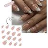 24 Pieces Short Almond Shape Press On Nail Glossy White French Tips with 3D Gold Line Decoration Artificial Nail