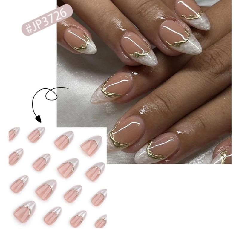 24 Pieces Short Almond Shape Press On Nail Glossy White French Tips with 3D Gold Line Decoration Artificial Nail