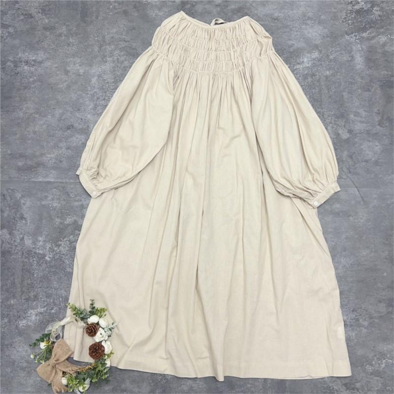 Johnature Japanese Lace-up Women Dress Spring Summer Loose Pleated Tie Versatile Casual Dresses