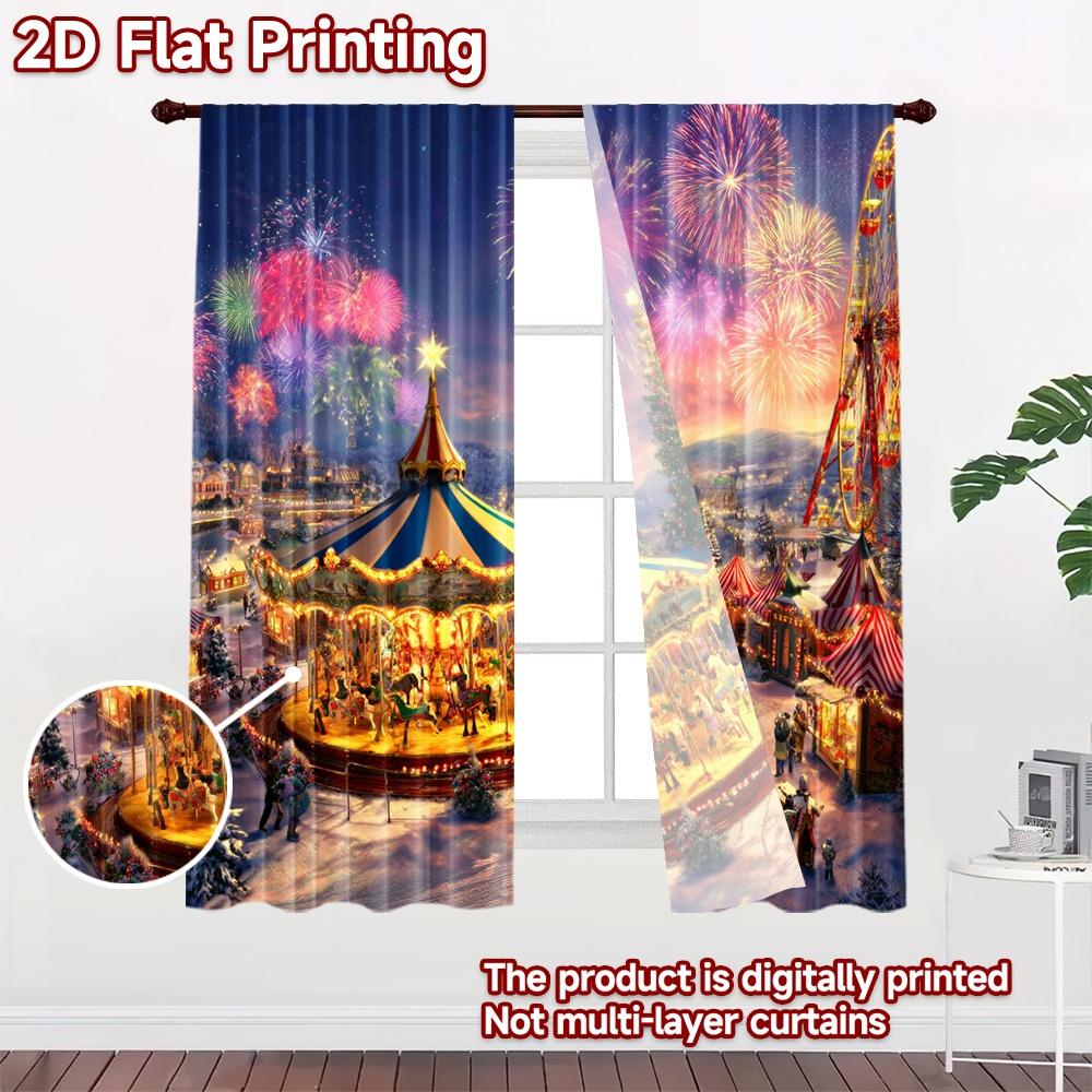 2D flat printing 2pcs Curtains Christmas Village Night Carnival Carousel Ferris Wheel Digital Printed Polyester Drapes Birthday