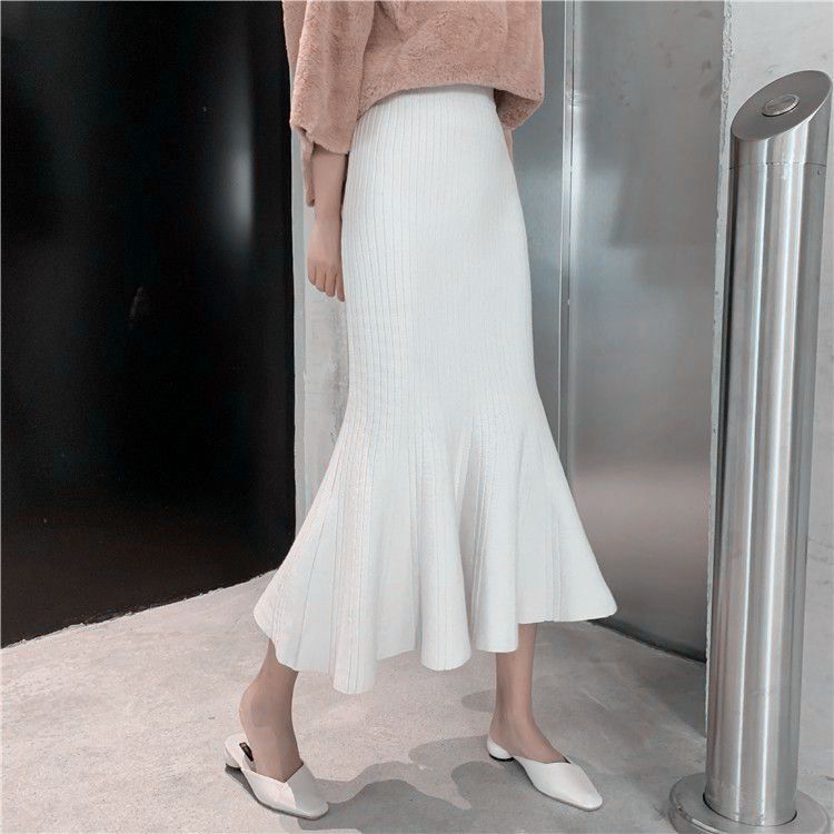 Spring and Autumn Versatile High Waist Lotus Leaf Edge Knitted Half Skirt for Women Medium To Long Hip Wrapping Fish Tail Skirt