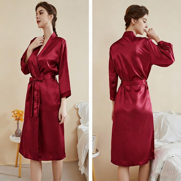 Women's Silk Bathrobe - Long Sleeve V-Neck Solid Color Loungewear House Robe
