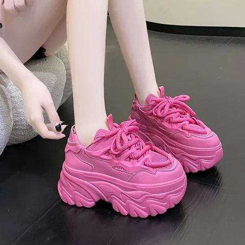 

Women Platform Casual Breathable Mesh Shoes 2025 New Summer Chunky Sneakers 8.5CM Wedges Hidden Heels Hollow Leisure Shoes Woman 34 рожевий