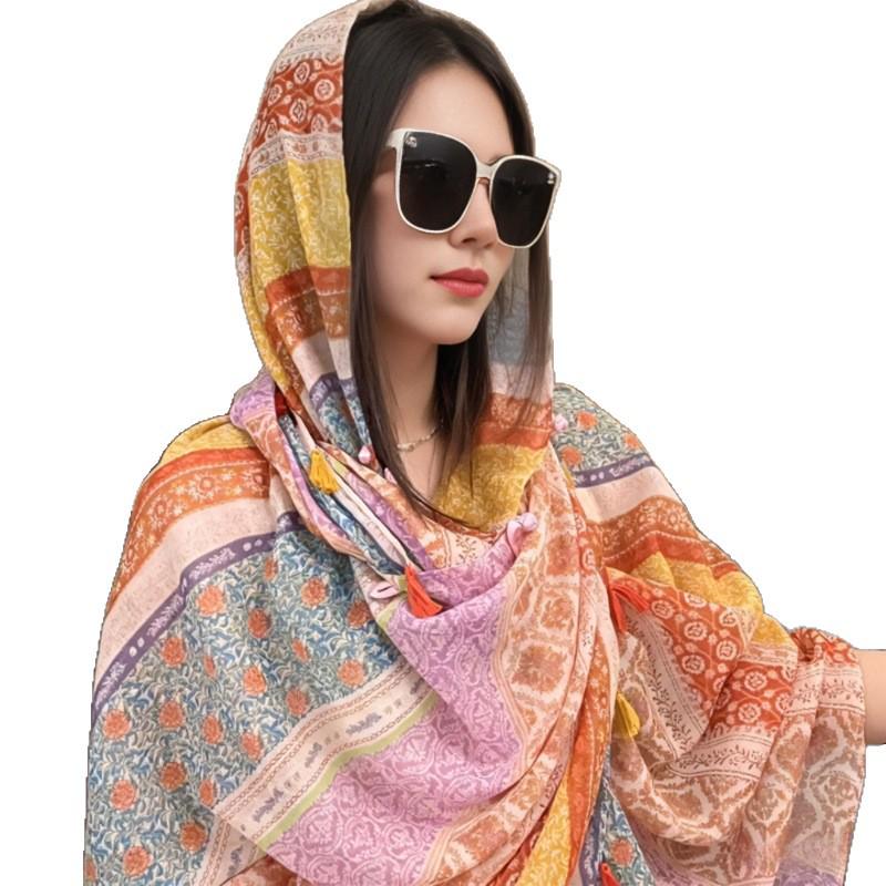 Women's Retro Ethnic Silk Scarf with Frog Button Shawl for Sun Protection